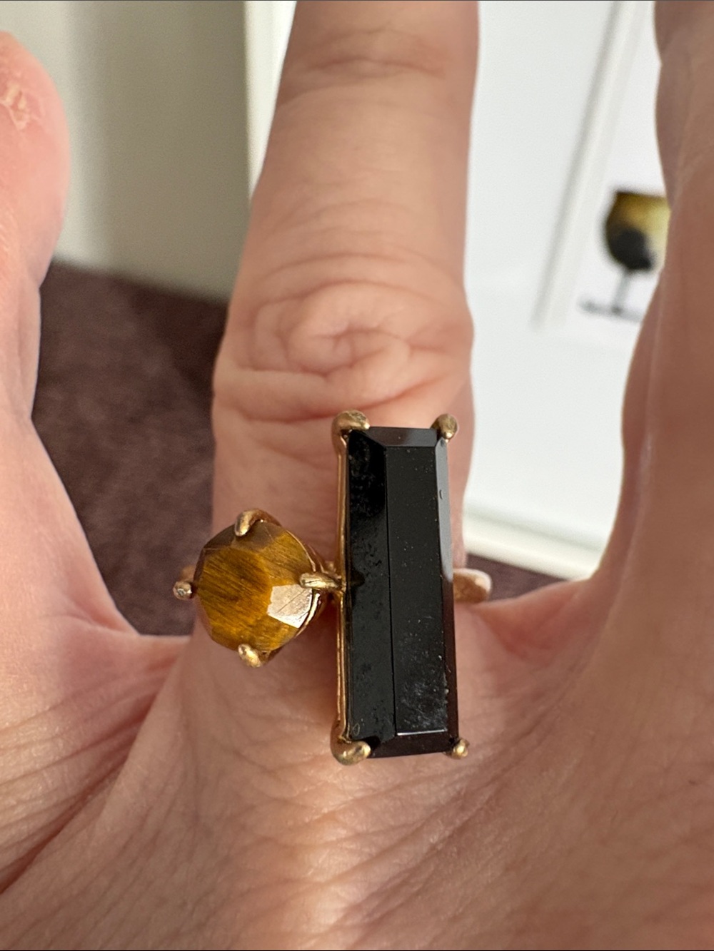 Gold-Tone Ring with Black and Tiger Eye Stones